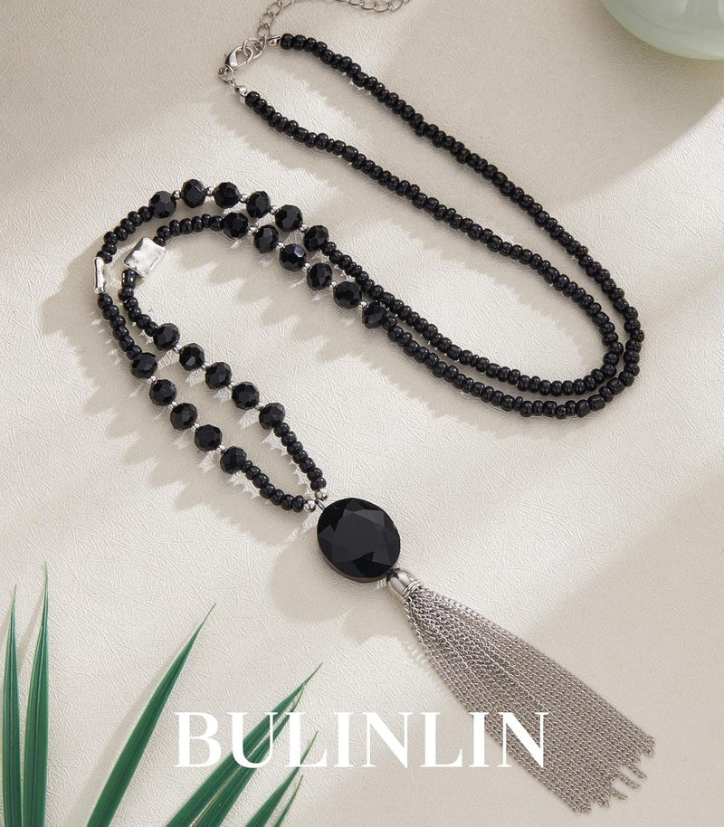 BULINLIN Boho Beaded Long Necklaces for Women Chunky Bead Pendant Necklace with Crystal Tassel Costume Jewelry Gifts for Her - Image 2